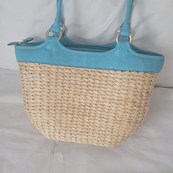 Straw Purse Vintage Flower Embellished Multi Color with Blue Trim - Picture 4 of 16